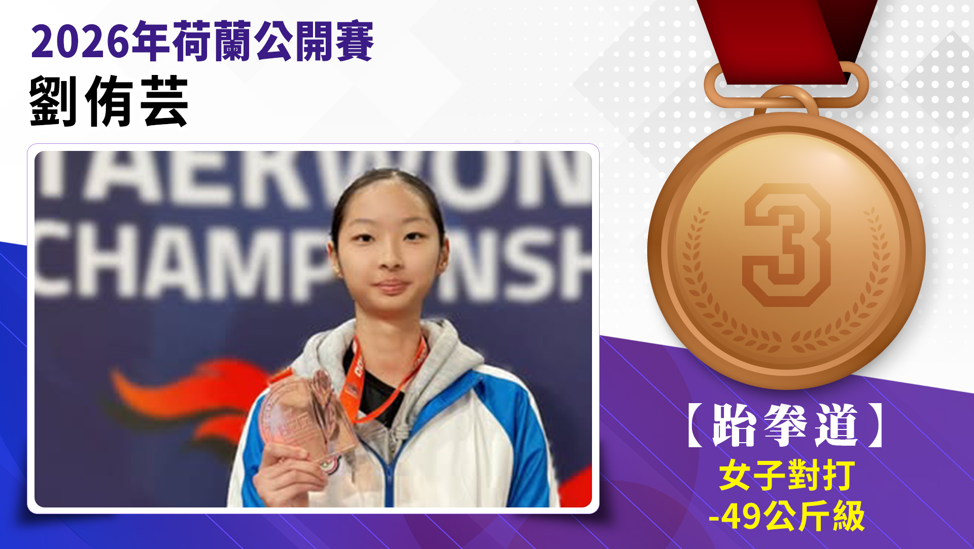選手劉侑芸榮獲2026年荷蘭公開賽女子-49公斤級銅牌