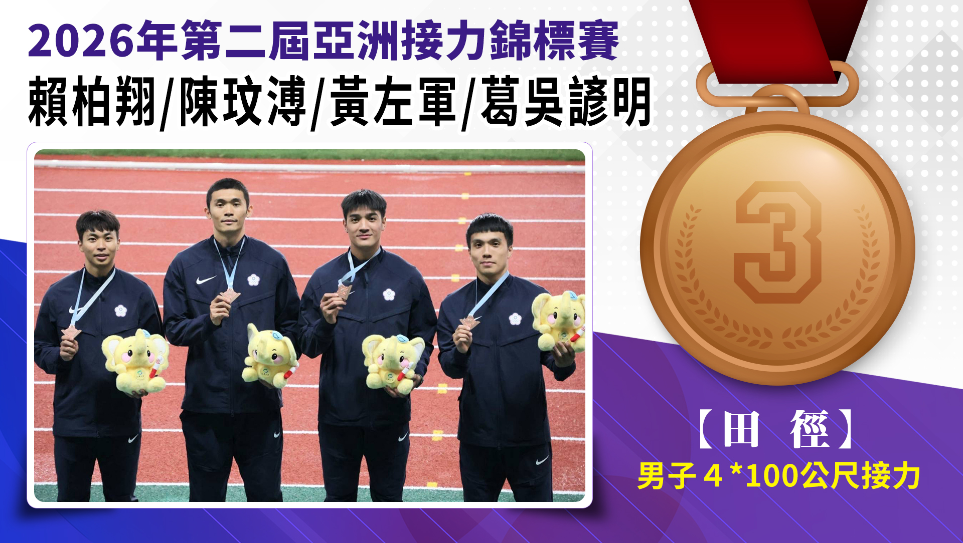 賴柏翔/陳玟溥/黃左軍/葛吳諺明/男子4*100公尺接力-銅牌