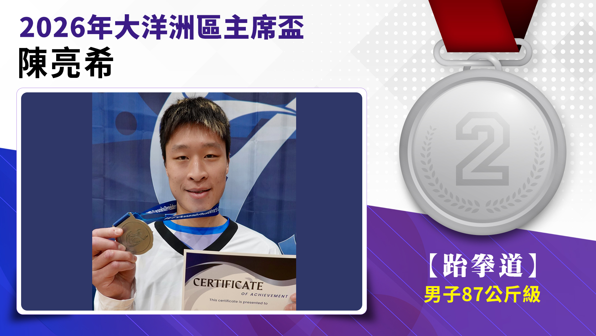 陳亮希選手榮獲2026年大洋洲區主席盃男子-87公斤級銀牌